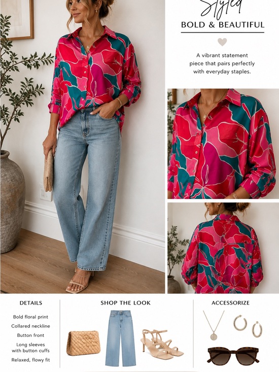 entro Tops - NWT Entro Bold Floral Button-Down Shirt Pink & Teal Sz L